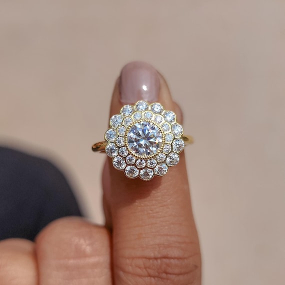 Floral Moissanite Cluster Ring Vintage Flower Halo Engagement Ring 14k Yellow Gold Round Cut Ring Art Deco Statement Cocktail Ring