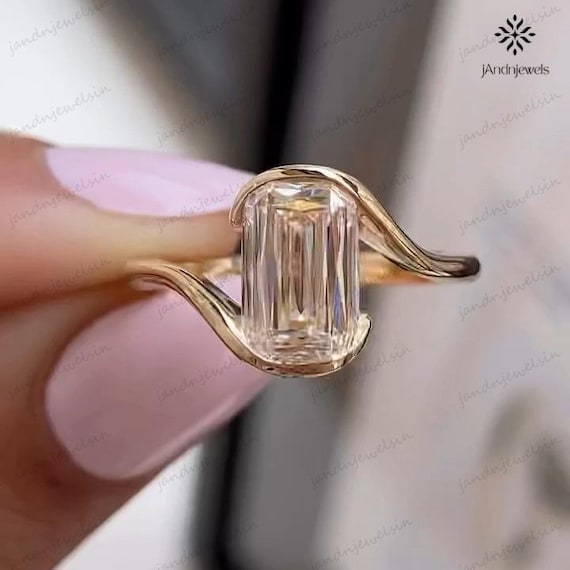 3.00 CT Criss Cut Emerald Cut Moissanite ring Wedding Band East West Engagement Ring 14k Gold Half Bezel Wedding Promise Ring Unique Ring