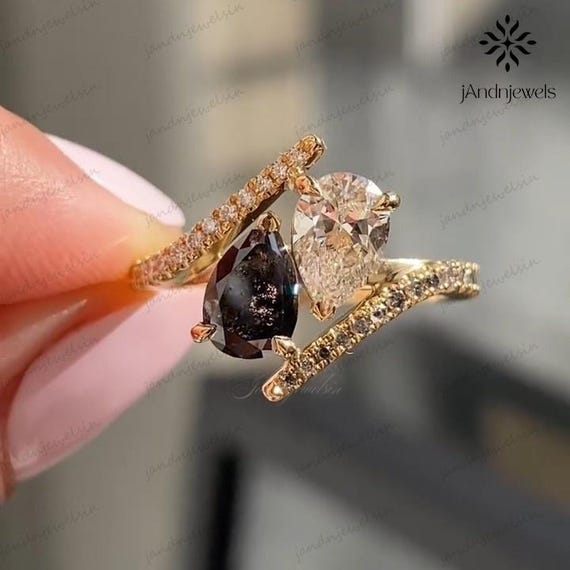 2CT Pear Lab Grown Diamond Ring Salt and Pepper Black Diamond Ring 14K Gold Bypass Engagement Ring Toi et Moi Ring Unique Two Stone Ring