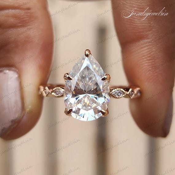 Pear Cut Moissanite Engagement Ring Rose Gold Vintage Floral Milgrain Design Unique Bridal Wedding Ring Anniversary Gift