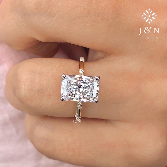 4CT Radiant Cut Moissanite Engagement Ring Radiant Cut Distance Pave Band 14k Solid Gold Wedding Ring Hidden Halo Ring Anniversary Ring