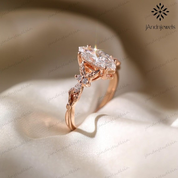 Marquise Moissanite Engagement Ring, Rose Gold Leaf Ring, Nature Inspired Floral Ring, 14K Gold Wedding Ring, Unique Diamond Bridal Ring