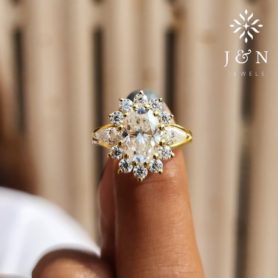 Oval Moissanite Cluster Ring Floral Halo Engagement Ring 14K Gold Statement Ring Vintage Inspired Wedding Ring Unique Gift for Her