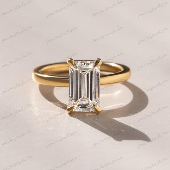 Emerald Cut Moissanite Engagement Ring 14K Yellow Gold Solitaire Classic Prong Set Minimalist Wedding Ring for Her Dainty Anniversary Ring