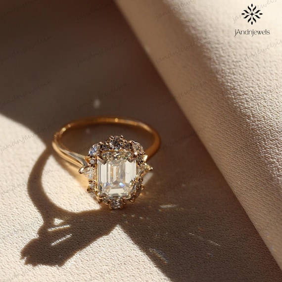3.55CT Emerald Cut Moissanite Diamond Engagement Ring 14K Solid Gold Vintage Emerald Cut Ring Moissanite Wedding Ring Hidden Halo Gift Ring