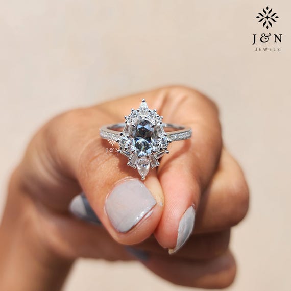 2CT Gray Oval Moissanite Engagement Ring Sunburst Halo Ring with Baguette & Pear Diamonds Ring Sparkling Bridal Wedding Ring Gift for Her