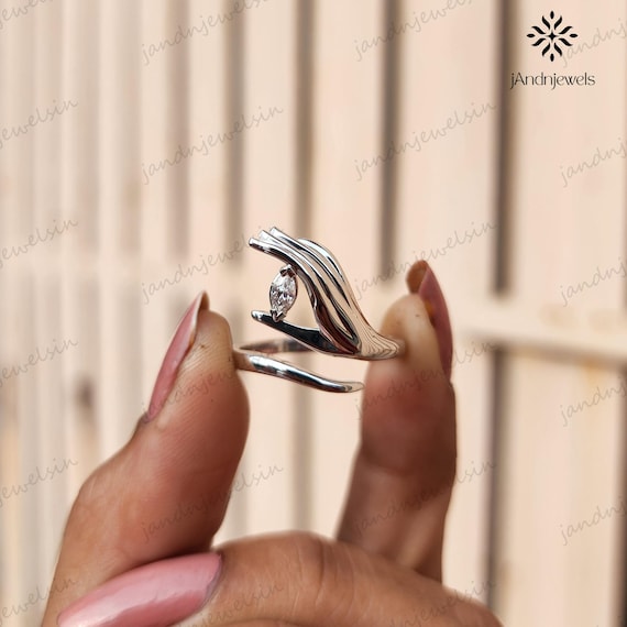 Hand Holding Moissanite Diamond Ring Unique Marquise Cut Engagement Ring 14k Gold Ring Statement Ring Open Band Gift for Her Wedding Ring