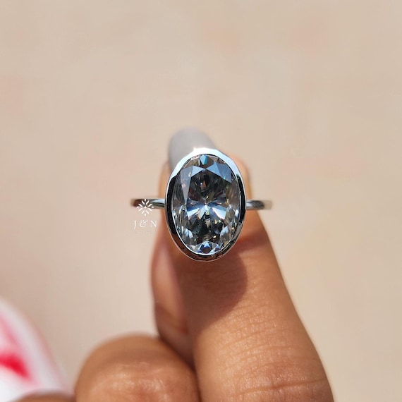 3CT Gray Oval Moissanite Engagement Ring 14K White Gold Bezel Set Ring Vintage Ring Unique Anniversary Gift Wedding Ring For Women