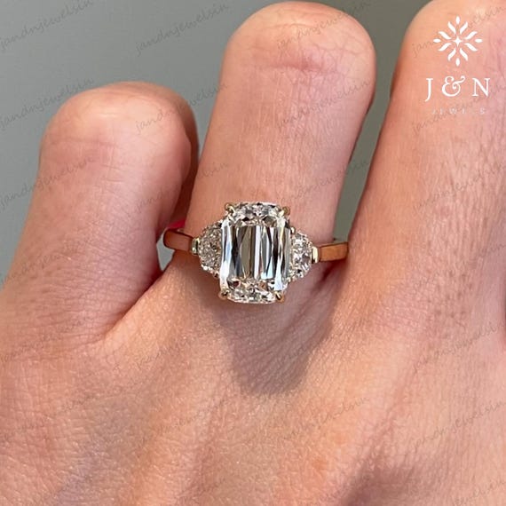 4CT Three Stone Criss Cut Cushion Moissanite Engagement Ring Side Stone Half Moon Cut Ring 14k Gold Ring Wedding Ring Promise Ring For Her