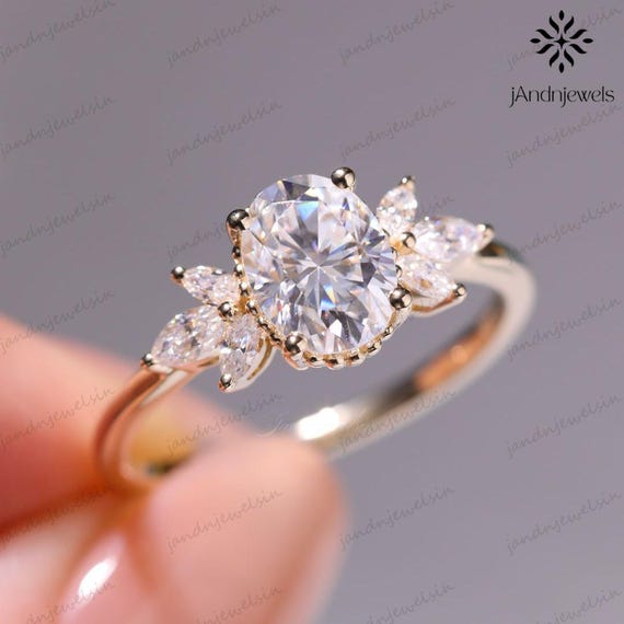 2CT Oval Cut Moissanite Engagement Ring 14K Gold Marquise Leaf Side Stones Vintage Floral Cluster Bridal Ring Anniversary Gift for Her