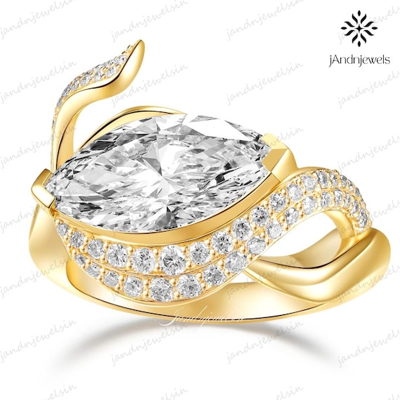 Marquise Moissanite Engagement Ring 18K Yellow Gold Swirl Pave Setting Statement Cocktail Ring Unique Wedding Ring for Her Anniversary Gift