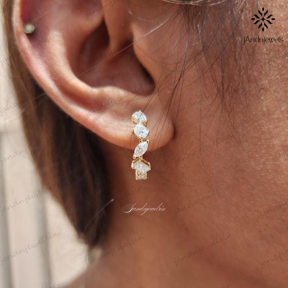 Mixed Shape Moissanite Diamond Hoop Earrings 14K Gold Marquise Oval Princess Cut Wedding Earrings