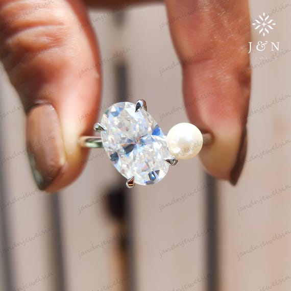 3CT Toi Et Moi Oval Cut & Pearl Engagement Ring, Moissanite Diamond Two Stone Wedding Ring, Unique Bridal Ring, You And Me Ring for Women