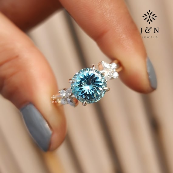 2CT Cyan Blue Portuguese Cut Moissanite Ring Nature Inspire Unique Engagement Solitaire Ring 14k Gold Wedding Ring Anniversary Gift For Her