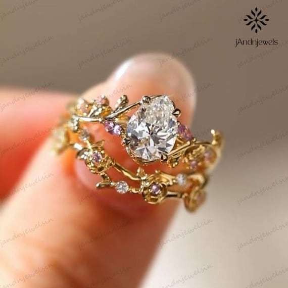 2CT Pear Cut Moissanite Engagement Ring 14K Gold Floral Leaf Ring Pink Sapphire Flower Ring Nature Inspired Vintage Bridal Wedding Ring