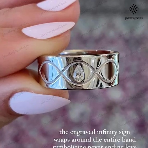 Modern Infinity Wedding Band with Pear Moissanite, Minimalist Solid Gold Engagement Ring, Anniversary Promise Band