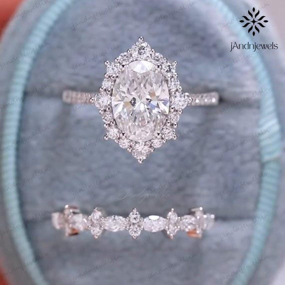 3CT Oval Moissanite Engagement Ring Set: 18K Solid Gold Vintage Bridal Ring