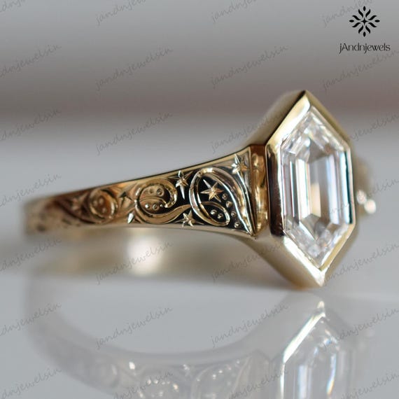 2.5CT Hexagon Cut Moissanite Engagement Ring 14K Yellow Gold Vintage Engraved Bezel Setting Art Deco Geometric Bridal Ring for Women