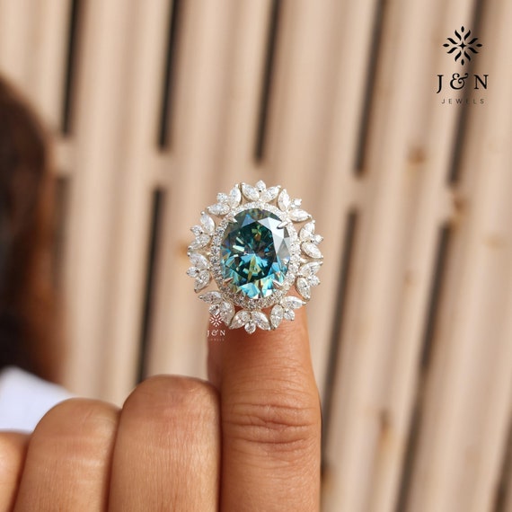 Cyan Blue Oval Cut Moissanite Halo Engagement Ring Diamond Floral Cluster Ring 14K White Gold Wedding Anniversary Gift for Her