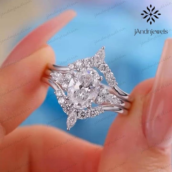 3 CT Oval Moissanite Engagement Ring Set 3 Piece Marquise & Pear Accent Bridal Set Oval Cluster Diamond Ring 14K Gold Wedding Ring Set
