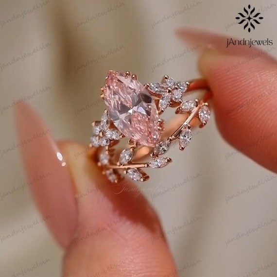 2.5CT Marquise Cut Moissanite Engagement Ring Set Floral Marquise Ring Pink Marquise Ring 14K Gold Ring Bridal Ring Set Unique Wedding Band