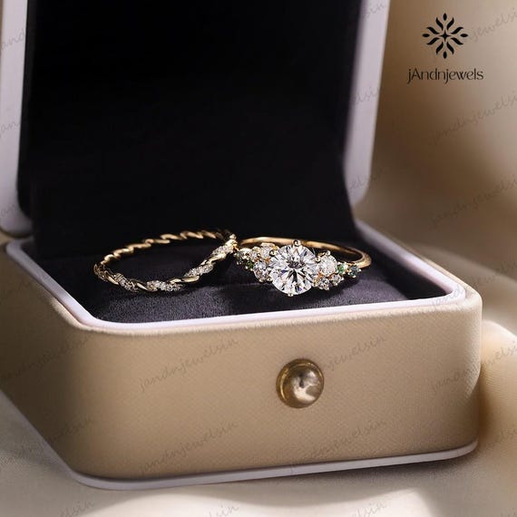 2CT Round Cut Moissanite Engagement Ring Set 14K Gold Bridal Set with Twisted Diamond Band Unique Wedding Ring Anniversary Gift For Women