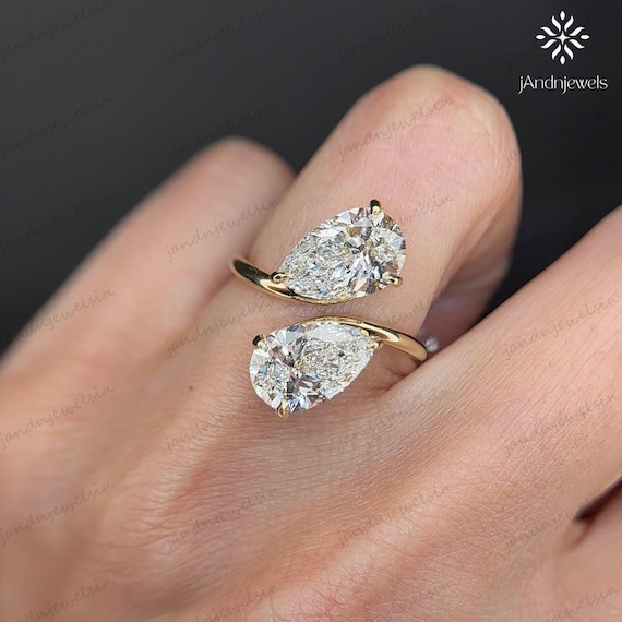 Double Pear Cut Lab Grown Diamond Ring 14K Gold Toi et Moi Bypass Ring Unique Two Stone Engagement Ring Anniversary Ring for Him
