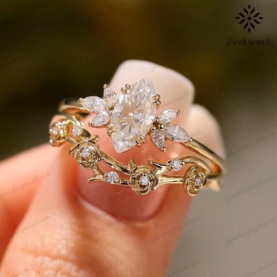 2CT Marquise Cut Moissanite Ring Set Floral Leaf Engagement Ring 14K Gold Nature Inspired Wedding Ring for Women Unique Vintage Bridal Ring