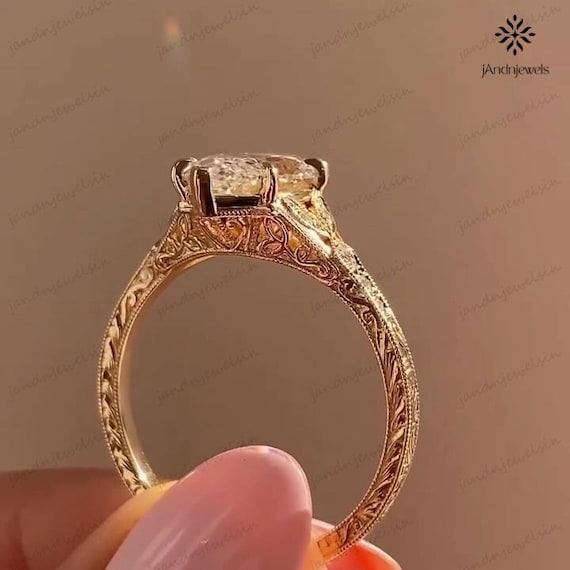 Vintage Marquise Moissanite Engagement Ring 14K Gold Art Deco Antique Engraved Ring Solitaire Bridal Ring Anniversary Gift