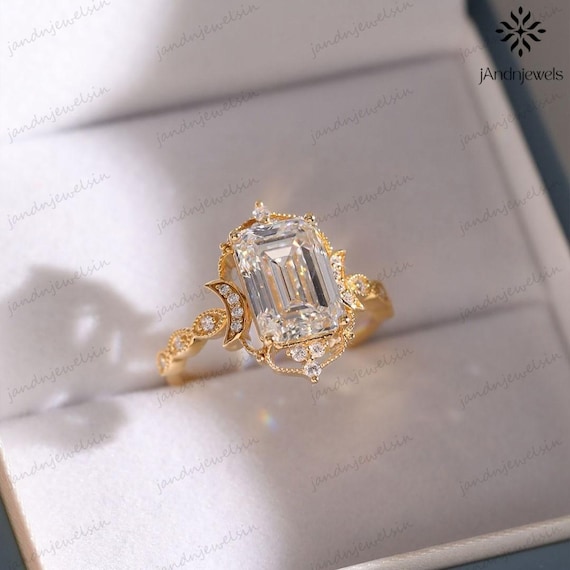Vintage art deco ring emerald cut moissanite ring diamond engagement ring unique emerald ring 14K gold ring wedding ring milgrain ring