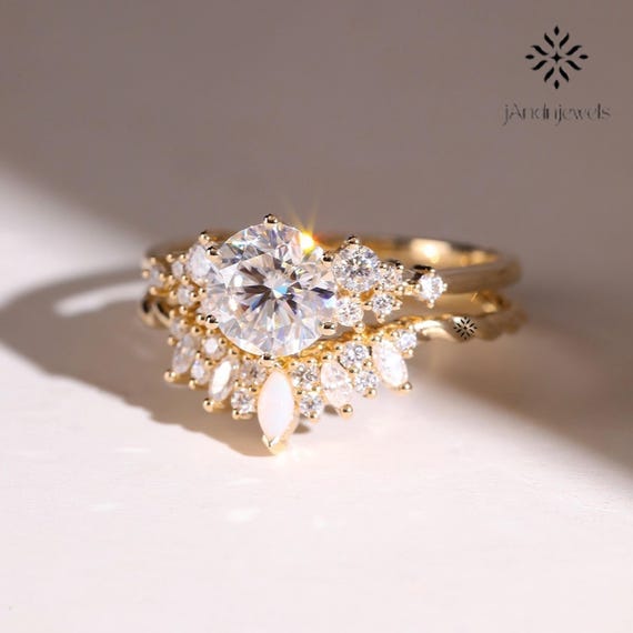2CT Round Cut Moissanite Engagement Ring Set Opal Crown Wedding Band 14K Gold Bridal Ring Set Unique Celestial Wedding Ring Gift for Her