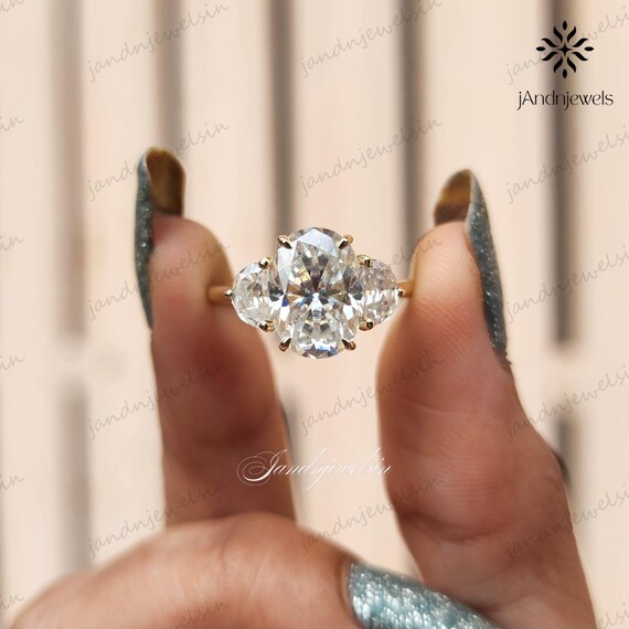 Three Stone Oval Moissanite Engagement Ring Side Stone Half Moon Ring 14K Solid Gold Ring 3 Stone Wedding Ring Anniversary Gift Promise Ring