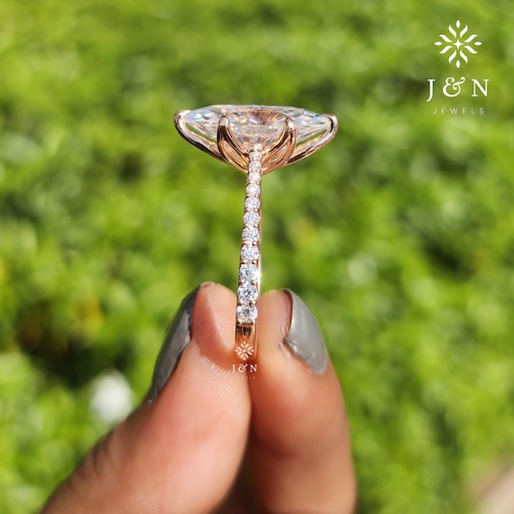3CT Marquise Cut Moissanite Engagement Ring, Tulip Setting, Pavé Band, 14K Solid Gold, Unique Cathedral Ring, Anniversary Gift