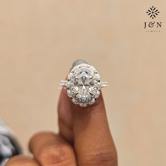 3 CT Oval Halo Moissanite Engagement Ring Double Halo Ring Oval Cut Moissanite Ring Promise Ring Wedding Ring 14K White Gold Ring for Women
