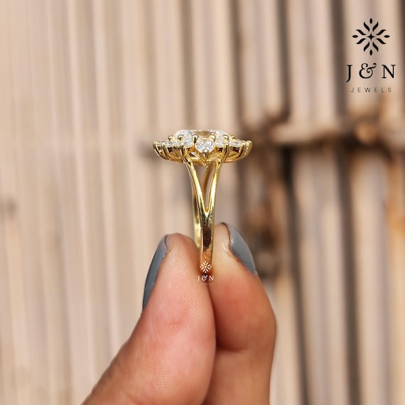 Oval Moissanite Floral Halo Ring, 14K Gold Vintage Engagement Ring