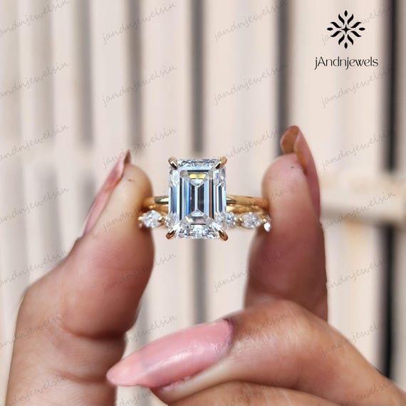3CT Emerald Cut Moissanite Engagement Ring Set Yellow Gold Marquise Band Unique Double Claws Hidden Halo Bridal Set Wedding Ring Set 2PCS