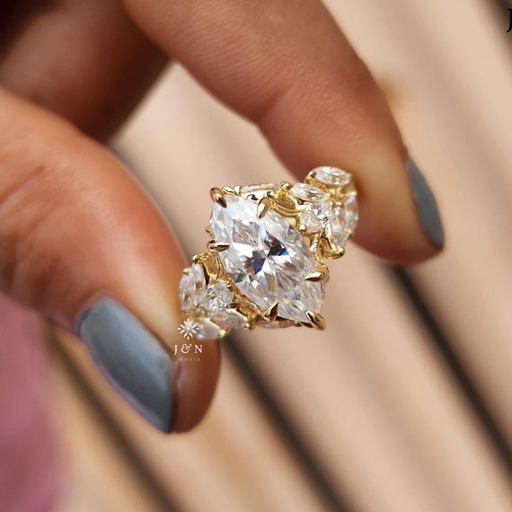 Floral Marquise Cut Moissanite Engagement Ring Vintage 14K Gold Moissanite Diamond Wedding Ring Nature Inspire Ring Promise Ring For Women