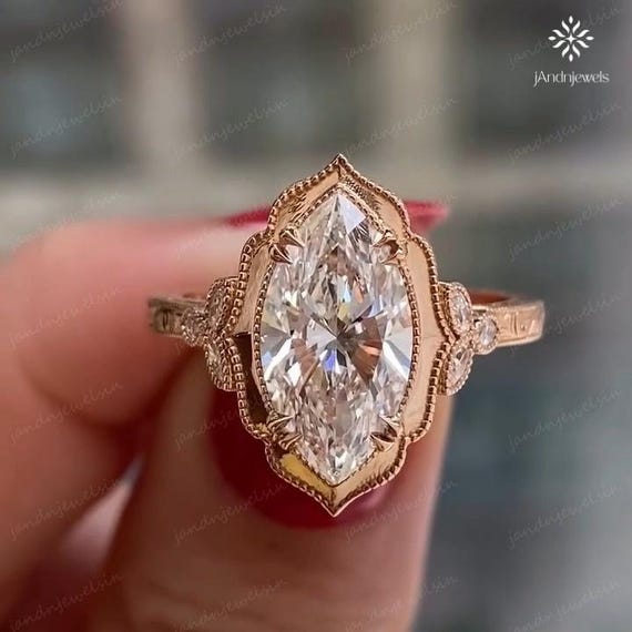 Bezel Set 3 CT Marquise Cut Engagement Ring Vintage Marquise Moissanite Ring 14K Solid Gold Nature Inspired Ring Wedding Anniversary Ring