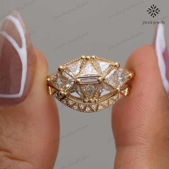 Art Deco Trillion Cut Moissanite Engagement Bridal Ring Set Vintage Inspired 14K Solid Gold Diamond Weeding Ring Set Anniversary Gifts