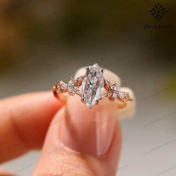 Unique Marquise Moissanite Engagement Ring Nature Inspired Ring 14K Gold Wedding Ring Floral Leaf Cluster Bridal Ring Gift For Anniversary