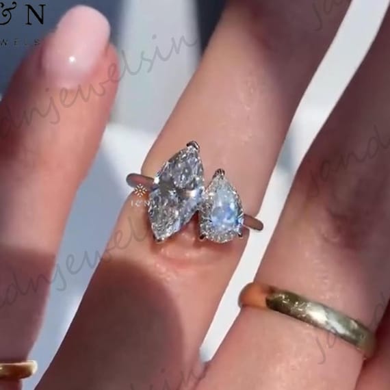 Marquise and Pear Cut Moissanite Toi et Moi Engagement Ring 14K Gold Unique Two Stone Bypass Ring Bridal Anniversary Ring Christmas Gift