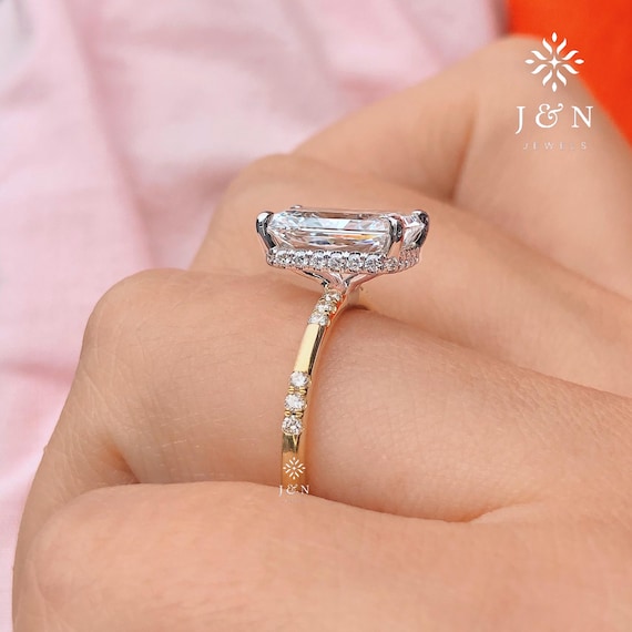 4 CT Radiant Cut Moissanite Engagement Ring Hidden Halo Ring Two Tone 18K Gold Ring Diamond Pave Wedding Band Anniversary Ring for Her