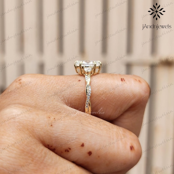 Oval Cut Moissanite Engagement Ring 14K Gold Trio Stone Ring Pear Side Stones Unique Wedding Ring For Her Vintage Style Anniversary Gift