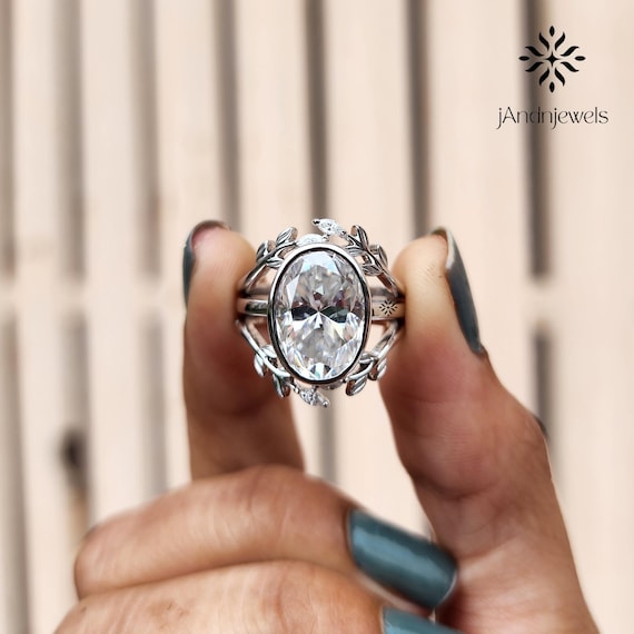 Nature Inspired Oval Moissanite Engagement Ring Gold Leaf Enhancer Band Unique Oval Cut Wedding Ring Vintage Bridal Ring Anniversary Gift