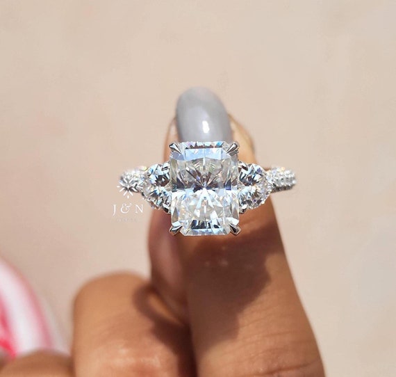 4CT Radiant Cut Moissanite Engagement Ring Radiant Cut Three Side Pave Wedding Ring Unique Hidden Halo Stackable Proposal Ring For Her