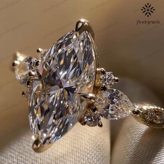 2CT Marquise Cut Moissanite Engagement Ring Three Stone Ring side Stone Pear Cut Ring Wedding ring Milgrain Band Anniversary Gift