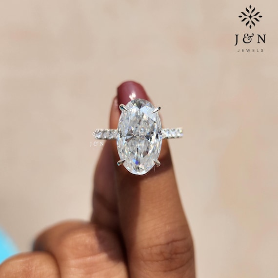 6CT Oval Cut Moissanite Engagement Ring Oval Solitaire Ring Hidden Halo Ring Pave Band Wedding Ring For Her Unique Ring Anniversary Gift