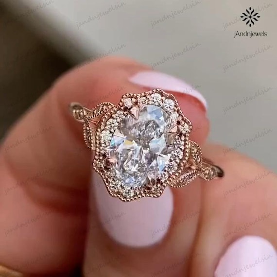 Art Deco Vintage Oval Moissanite Engagement Ring Halo Cathedral Ring 14K Rose Gold Ring Bridal Wedding Jewelry For Her