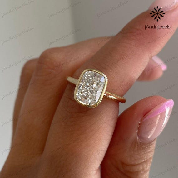 3CT Elongated Cushion Moissanite Bezel Engagement in 14K Gold Bridal Jewelry