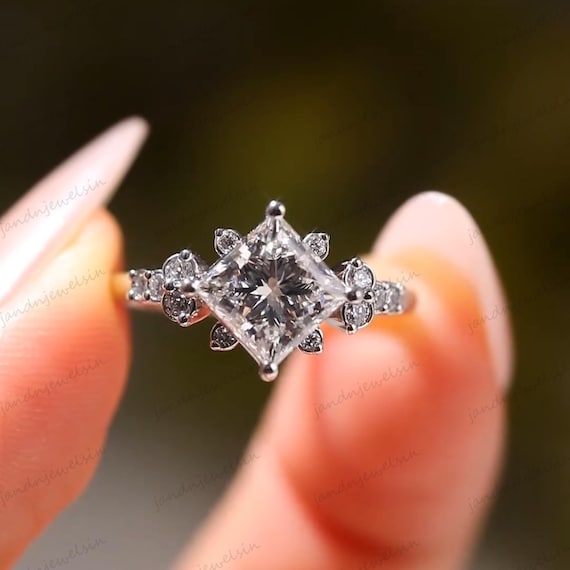 2CT Princess Cut Vintage Inspired Engagement Ring Floral Halo and Side Accents 14K White Gold Anniversary Ring Wedding Ring Proposal Ring